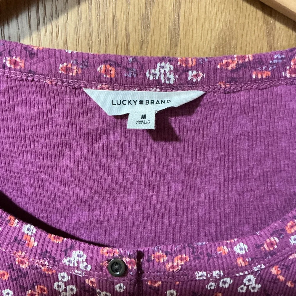 Lucky Brand Pink Ditzy Floral Ribbed Henley Top - Purple Rose Med New - Picture 2 of 5